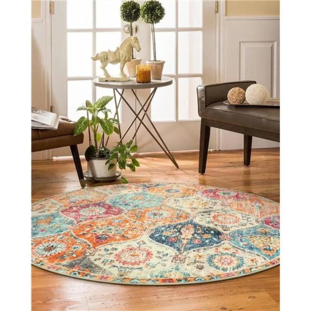 Moroccan Trellis Round Area Rugs - Washable Small Round Rug 3ft Non-Slip - Picture 5 of 7